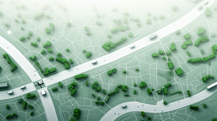 Poster - Stylish geometric city map featuring simple roads and areas in gray, green, and white tones