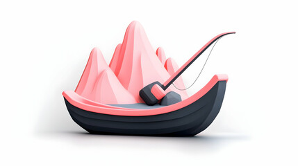 Poster - Lowpoly Pink Boat Fishing Near Mountains Illustration