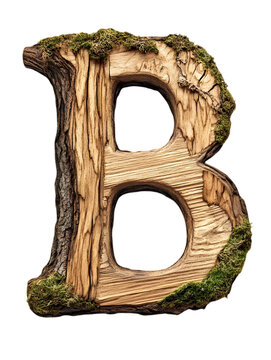 Wooden Textured Alphabet Letter B with Moss Accents Isolated on Black Background for Decorative Typography