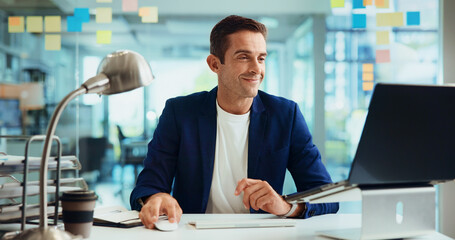 Aufkleber - Business, laptop and man in office, online reading and planning for project, research and internet. Person, employee and consultant in workplace, sales agency and computer for website info and ideas