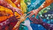 © Nasra - Colorful mosaic hands reaching, unity in diversity, abstract background
