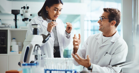 Poster - Results, research or people in science with discussion, microscope or medical experiment for cancer treatment. Study, scientist or teamwork with lab report, test or sample with DNA, cure or bacteria