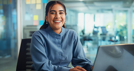Poster - Creative, woman and portrait with laptop in office for article proofreading, story editing and news publication. Editor, person and tech at magazine agency for info verification and online research