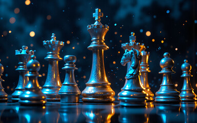Poster - Golden and silver chess pieces stand poised on a reflective surface against a dark backdrop with bokeh lights, suggesting strategy and intellect.