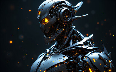 Poster - A sleek, futuristic cyborg with glowing orange eyes stands in a dark space filled with bokeh lights. Intricate mechanical details highlight its metallic body.