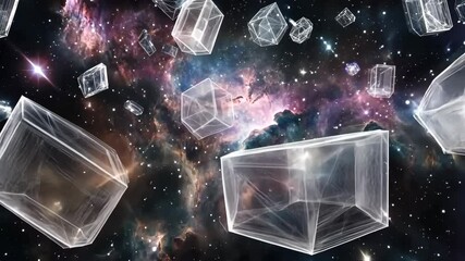 Poster - Floating geometric shapes in a vast cosmic space filled with vibrant colors and stars