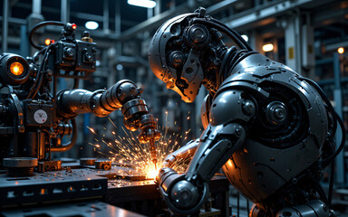 Aufkleber - Metallic robot welds metal in a factory setting. Sparks fly from the robotic arm during the industrial manufacturing process.