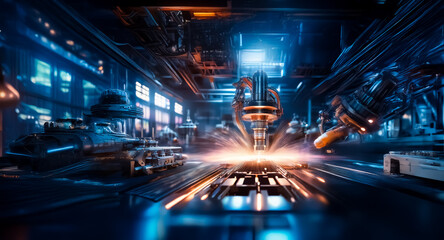 Poster - Futuristic industrial scene with robotic arms assembling machinery in a high-tech factory. Sparks illuminate the blue and orange setting.
