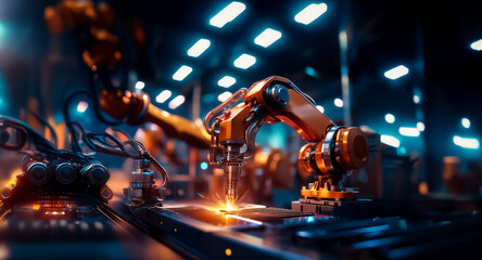 Poster - Automated robotic arms work in a factory setting. Sparks fly as they perform tasks with precision in a modern industrial environment.