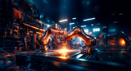 Aufkleber - Automated robotic arm in a dark industrial factory setting with bright orange and blue lighting. Focus on technology and manufacturing.