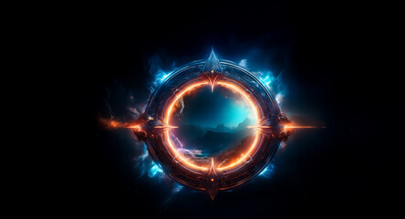 Fototapete - A glowing circular portal with blue and orange energy emanates light against a dark backdrop.  A futuristic and abstract design element with vibrant colors.