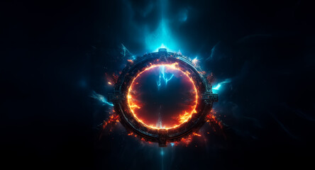 Poster - Circular portal glows with orange fiery core, blue electric energy outlines on dark backdrop. Mysterious and powerful object emits light.