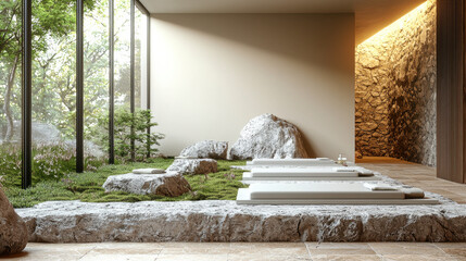Poster - serene spa interior featuring natural elements, stone textures, and minimalist design, creating peaceful atmosphere for relaxation