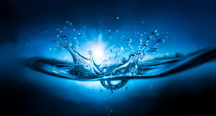 Leinwandbilder - Dramatic water splash against a deep blue backdrop, bright light source. Water droplets fly, creating a sense of motion and dynamism.