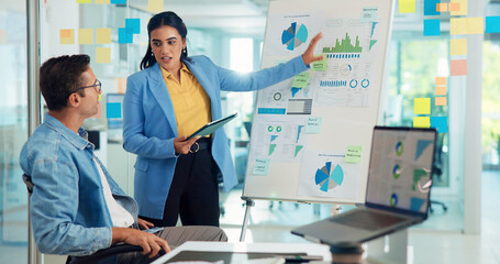 Poster - Tablet, presentation and business people with teamwork, charts for profit growth and planning. Productivity, coworking or employees with tech, brainstorming for sales increase or cooperation with app