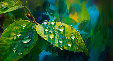 Poster - Green leaves display glistening water droplets after a rain shower. The background is an abstract blend of green and blue hues, creating a refreshing and natural scene.