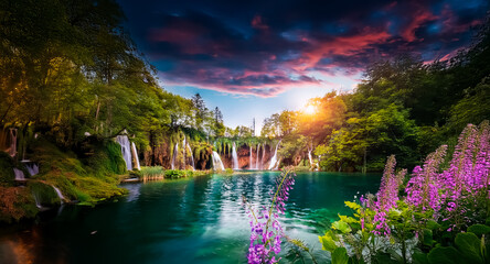 Poster - A breathtaking nature scene with multiple waterfalls flowing into a vibrant turquoise lake, surrounded by a lush forest and colorful flowers under a dramatic sunset sky.