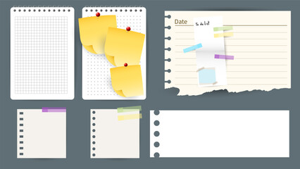  Paper and  notes, stickers, sticky sheets and tape Vector Set, on gray background, Flat Modern design , illustration Vector EPS 10