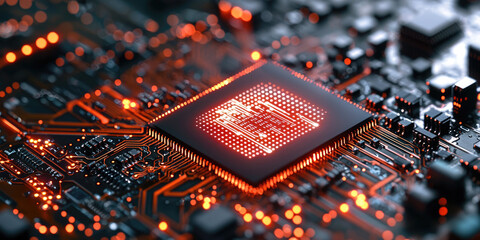 Leinwandbilder - close up view of circuit board featuring glowing microchip, showcasing intricate details and vibrant orange lights, symbolizing technology and