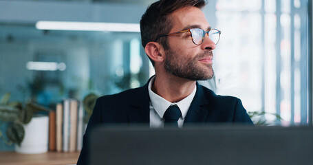 Aufkleber - businessman, office and thinking by computer, smile and decision for career, future and company grow