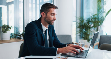 Aufkleber - Tired, businessman and typing with laptop for communication, network or email at office desk. Man, accountant or fatigue with computer for online research, finance or digital report at workplace