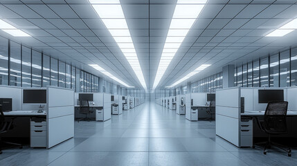 Poster - modern office interior featuring long row of cubicles, bright lighting, and spacious layout, creating professional atmosphere