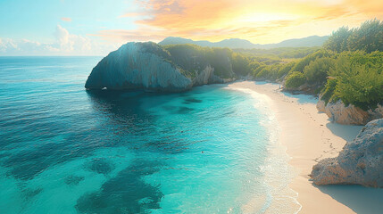 Poster - stunning beach scene featuring serene coastline, clear turquoise waters, and lush greenery under vibrant sunset sky