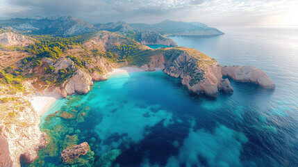 Poster - Aerial view of stunning coastal landscape featuring turquoise waters, rocky cliffs, and lush greenery, evoking sense of tranquility and beauty