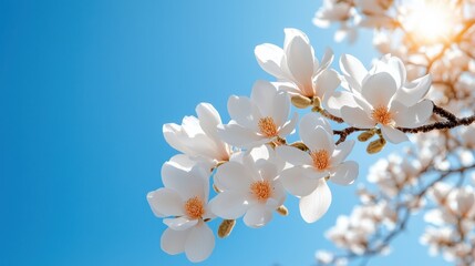 Poster - A branch of white flowers is hanging from a tree in a blue sky