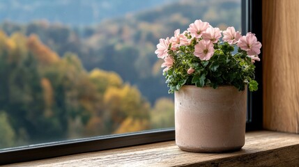 Poster - A small pink flower pot sits on a windowsill