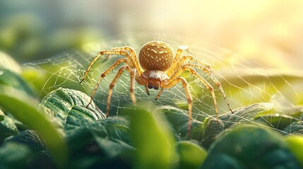 A mesmerizing golden orb weaver spider sitting in the center of its intricate glistening web capturing the sunlight s radiance and showcasing the beauty of nature s delicate engineering