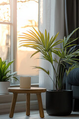 Poster - cozy interior scene featuring potted plant beside wooden stool with candle, illuminated by warm sunlight streaming through window