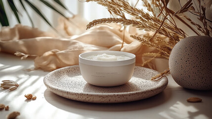 Poster - Luxurious cream in minimalist bowl, surrounded by natural elements, evokes sense of tranquility and beauty