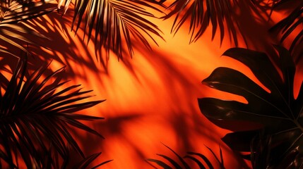 Poster - Palm leaf shadows on vibrant orange background, artistic nature concept
