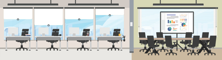 Fototapete - Wide office background, Empty working area with no people, Modern office interior, Skyscraper office with city view, Meeting room working space interior horizontal background.
