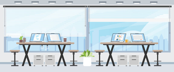 Poster - Working place for two people per desk with laptop for working, Office floor with Co-working space desk on high floor city skyscraper view.