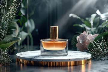 Poster - minimalist perfume bottle elegantly displayed marble pedestal, surrounded by lush greenery and soft floral accents, evokes sense of luxury and