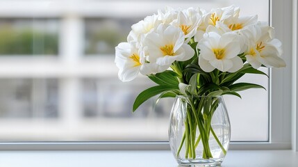 Poster - A vase of white flowers sits on a windowsill