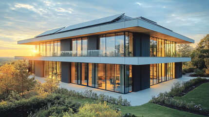 Aufkleber - Modern sustainable office building with large glass windows, solar panels, and beautiful sunset backdrop, showcasing eco friendly architecture