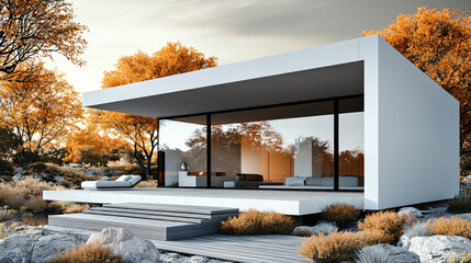 Poster - modern minimalist house surrounded by autumn foliage, featuring large glass windows and sleek design, evokes tranquility and harmony