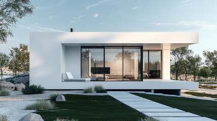 Poster - modern minimalist house with large glass windows, surrounded by greenery and rocks, showcasing serene outdoor space