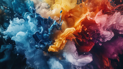 Fototapete - Neon-colored liquid mixing, creating a mesmerizing effect, Vibrant hues and playful splashes of liquid textured background, abstract multi-colored wave pattern that is shiny modern style.