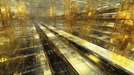 Fototapete - Golden Futuristic Cityscape Abstract 3D Rendering; keywords;golden,cityscape,abstract,architecture,futuristic,technology,digital art,3d