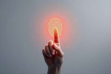 Poster - Futuristic fingerprint scan technology with glowing biometric authentication on human finger.