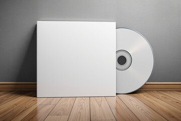 Poster - Blank CD case and disc mockup on wooden floor against gray wall.