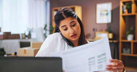 Fototapete - Small business, phone call and woman in home with paperwork, supplier and boxes for ecommerce. Contact, documents and person with smartphone, delivery invoice and laptop for online sales networking