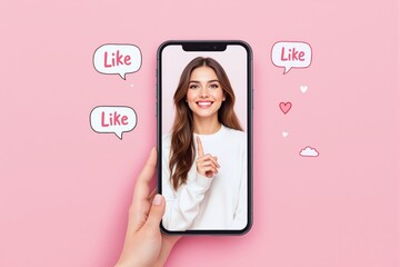 Poster - Woman on smartphone screen with social media like icons on pink background.