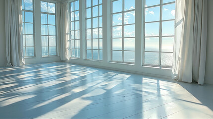 Poster - Bright, airy room with large windows showcasing stunning ocean view, creating serene and peaceful atmosphere