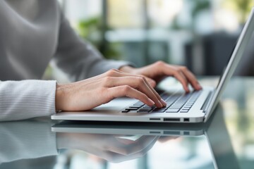 Poster - Close-up of hands typing on a laptop keyboard in a modern office environment.