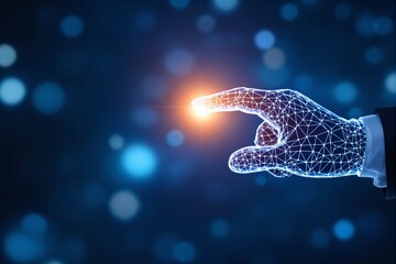 Poster - Futuristic digital hand touching glowing interface in technology concept.